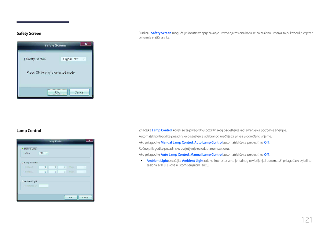 Samsung LH55UDCBLBB/EN manual 121, Safety Screen Lamp Control 