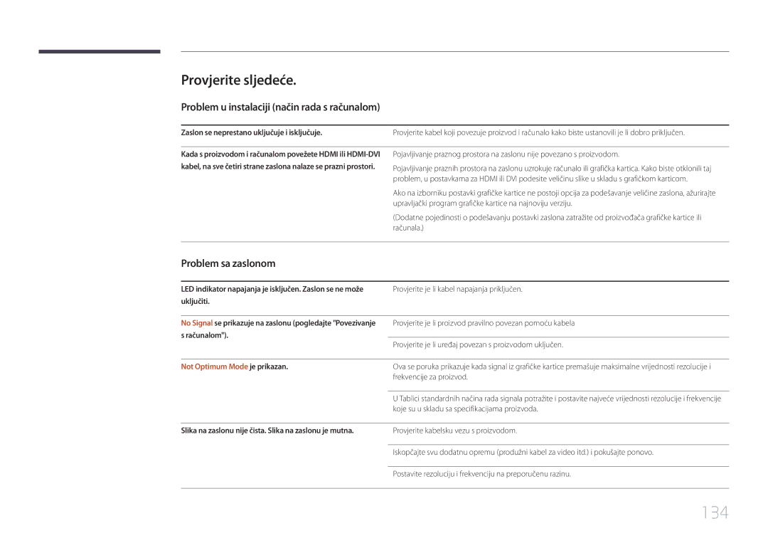 Samsung LH55UDCBLBB/EN manual 134, Provjerite sljedeće, Problem u instalaciji način rada s računalom, Problem sa zaslonom 