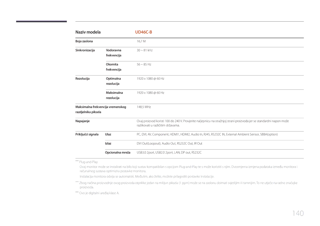 Samsung LH55UDCBLBB/EN manual 140, Napajanje, Razlikovati u različitim državama, Priključci signala Ulaz 