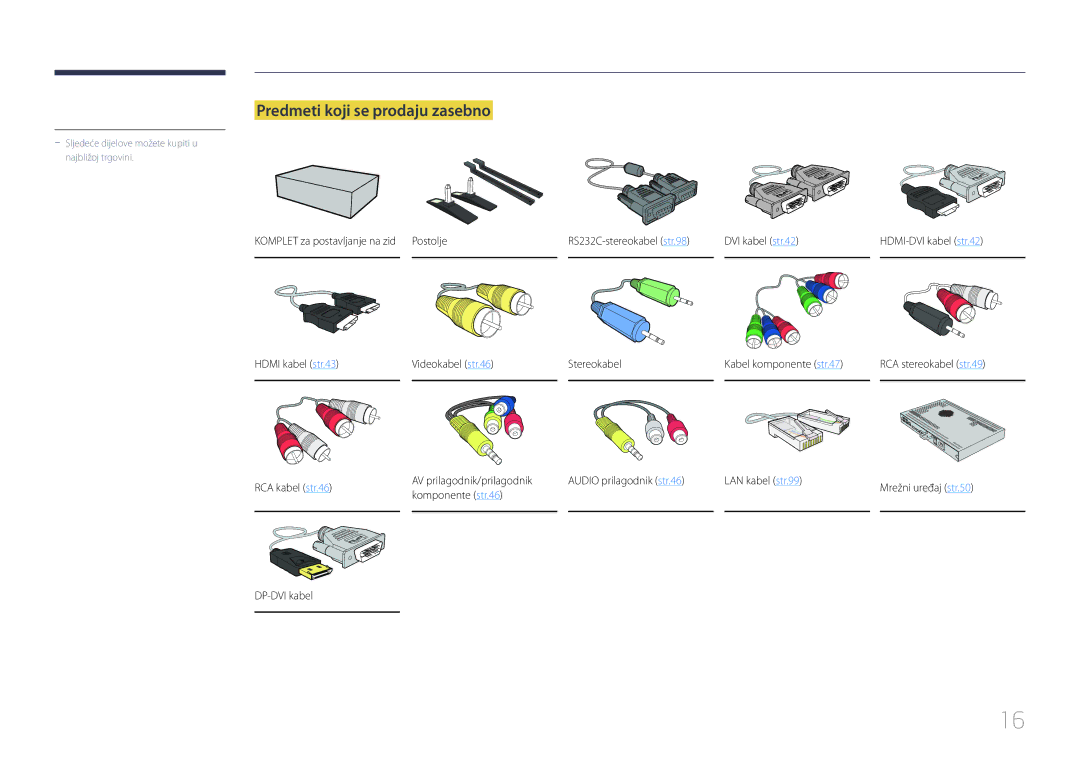 Samsung LH55UDCBLBB/EN manual Predmeti koji se prodaju zasebno, Komplet za postavljanje na zid Postolje, DVI kabel str.42 