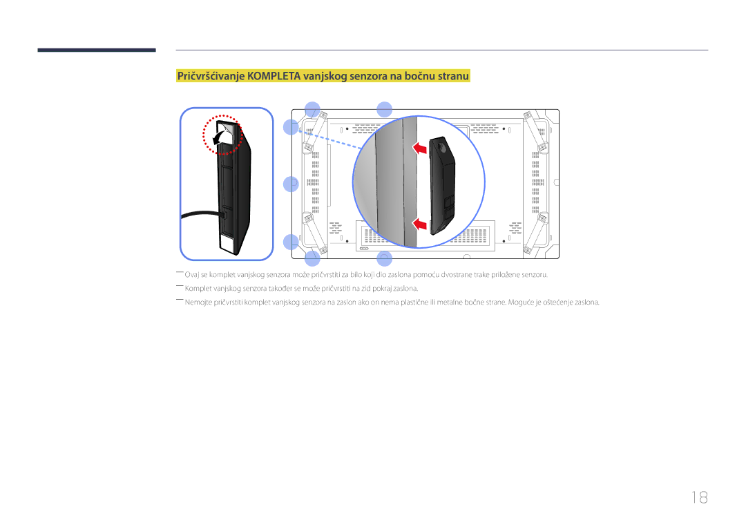 Samsung LH55UDCBLBB/EN manual Pričvršćivanje Kompleta vanjskog senzora na bočnu stranu 