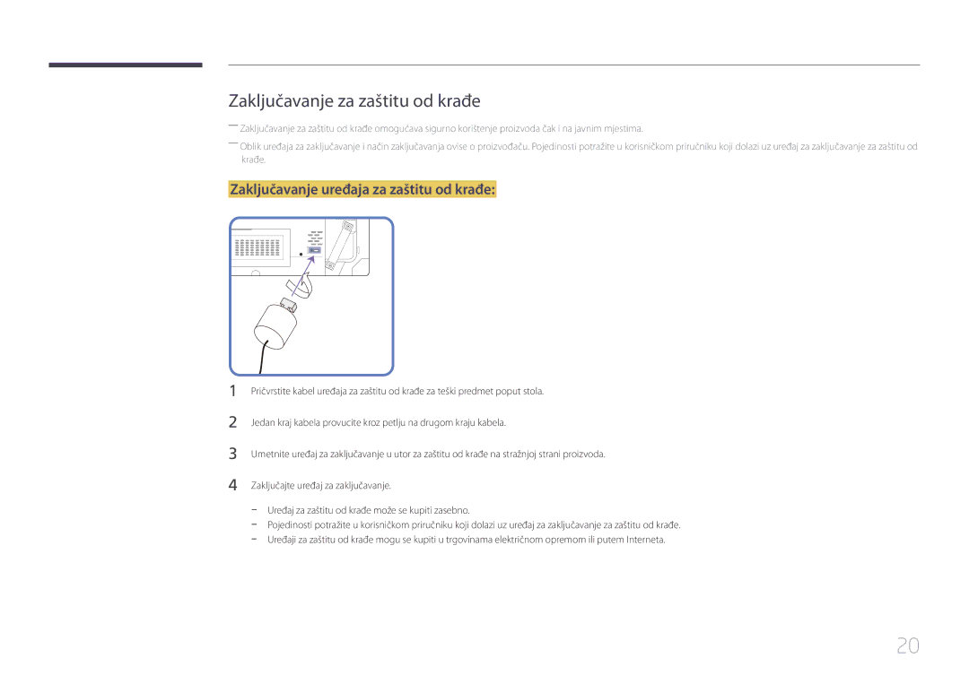 Samsung LH55UDCBLBB/EN manual Zaključavanje za zaštitu od krađe, Zaključavanje uređaja za zaštitu od krađe 