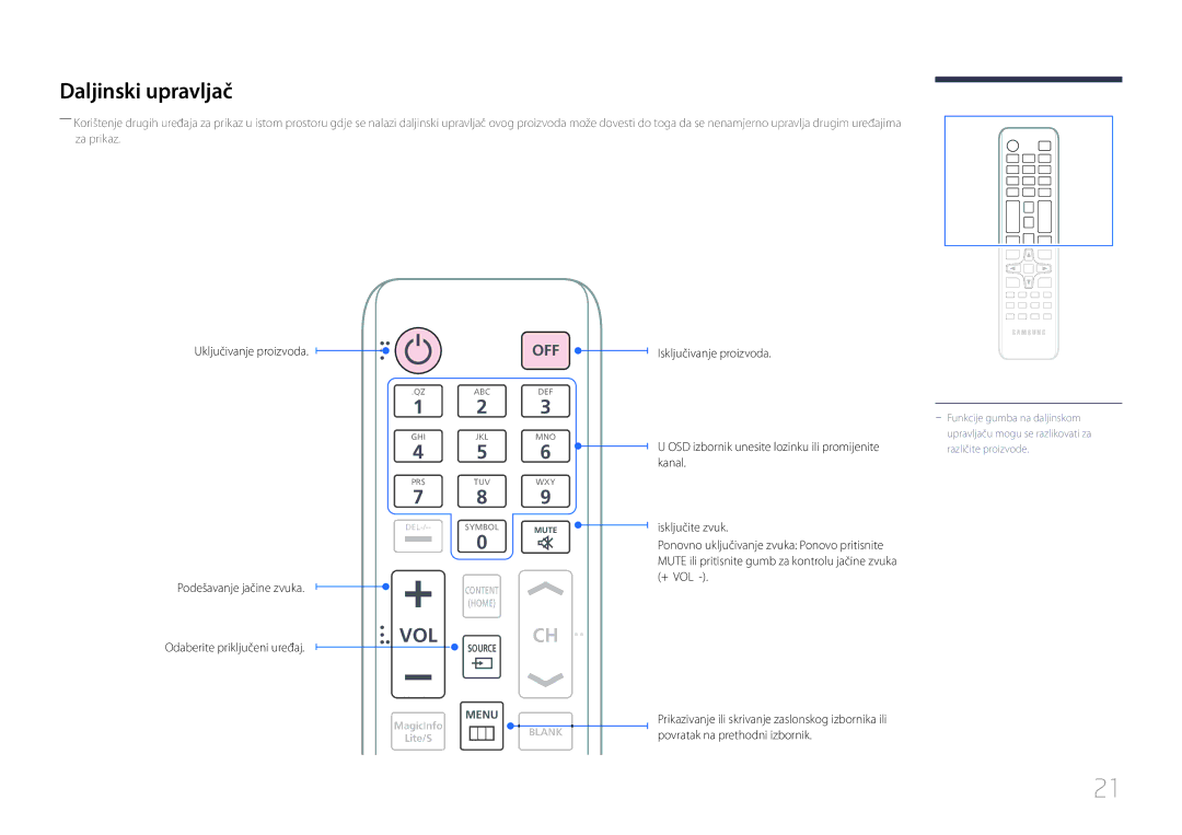 Samsung LH55UDCBLBB/EN manual Daljinski upravljač, Uključivanje proizvoda 