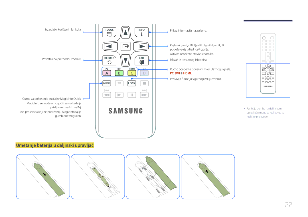 Samsung LH55UDCBLBB/EN manual Umetanje baterija u daljinski upravljač, Prikaz informacija na zaslonu, PC, DVI ili Hdmi 