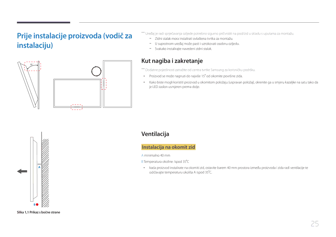 Samsung LH55UDCBLBB/EN manual Prije instalacije proizvoda vodič za instalaciju, Kut nagiba i zakretanje, Ventilacija 