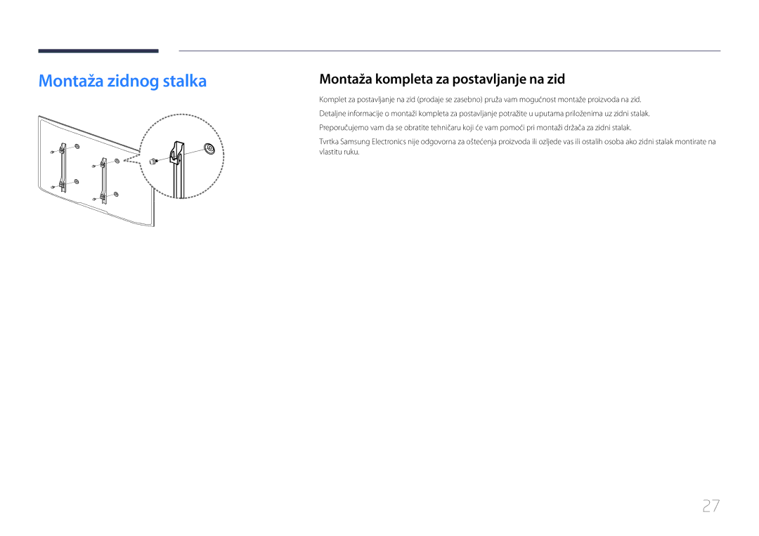 Samsung LH55UDCBLBB/EN manual Montaža zidnog stalka, Montaža kompleta za postavljanje na zid 