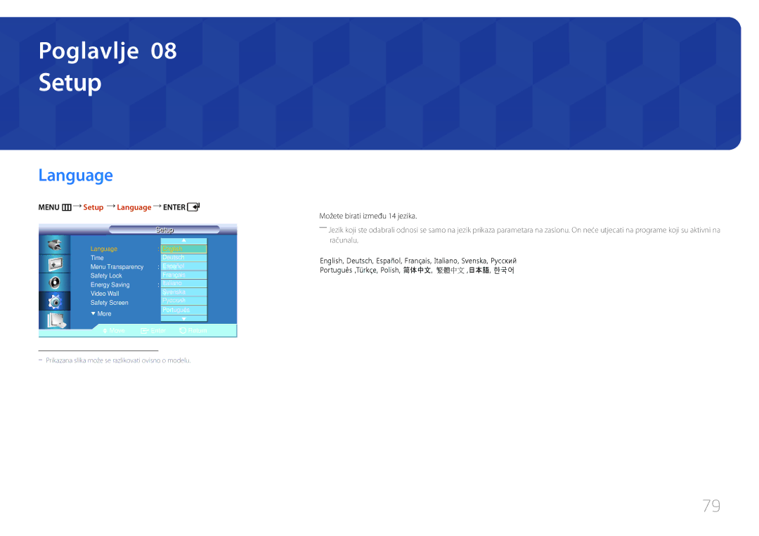 Samsung LH55UDCBLBB/EN manual Menu m Setup Language Enter, Možete birati između 14 jezika 