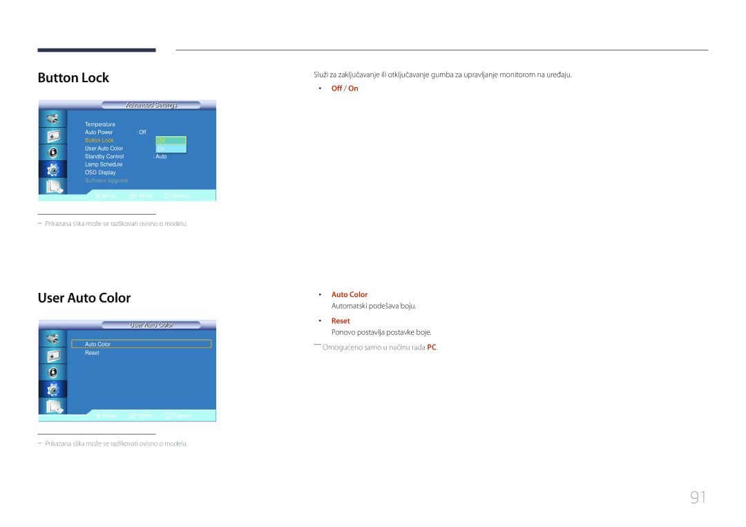 Samsung LH55UDCBLBB/EN manual Button Lock, User Auto Color, Off / On Auto Color, Automatski podešava boju, Reset 