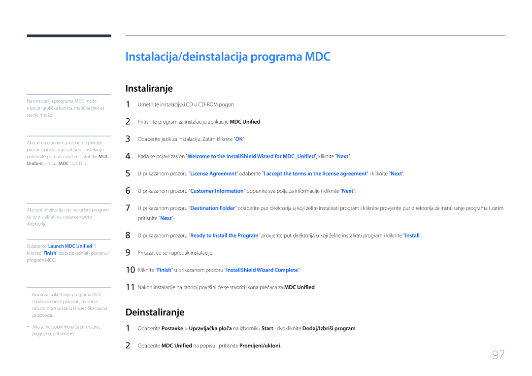 Samsung LH55UDCBLBB/EN manual Instalacija/deinstalacija programa MDC, Deinstaliranje 