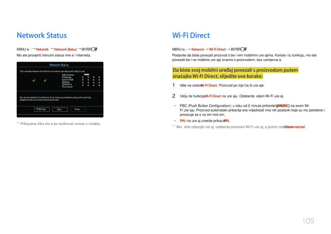 Samsung LH55UDCPLBB/EN manual 109, Menu m Network Network Status Enter, Menu m Network Wi-Fi Direct Enter 