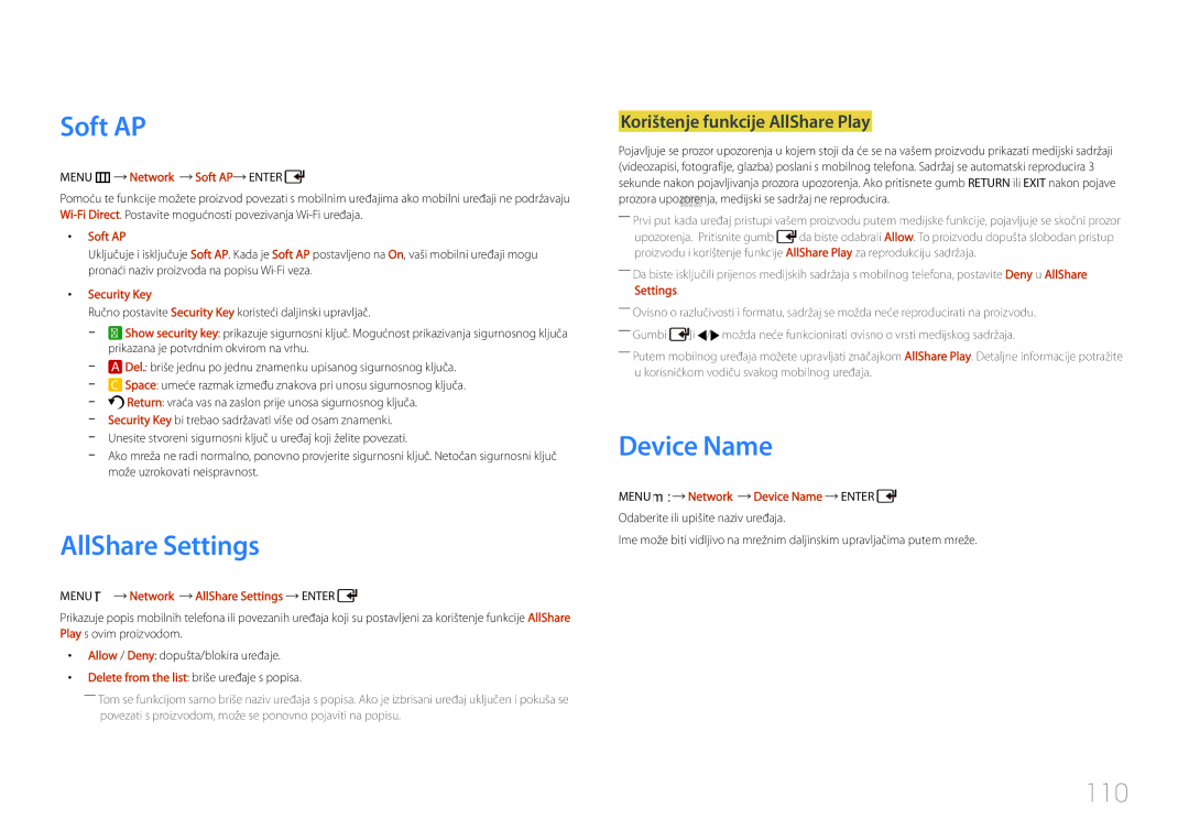 Samsung LH55UDCPLBB/EN manual Soft AP, AllShare Settings, Device Name, 110, Korištenje funkcije AllShare Play 