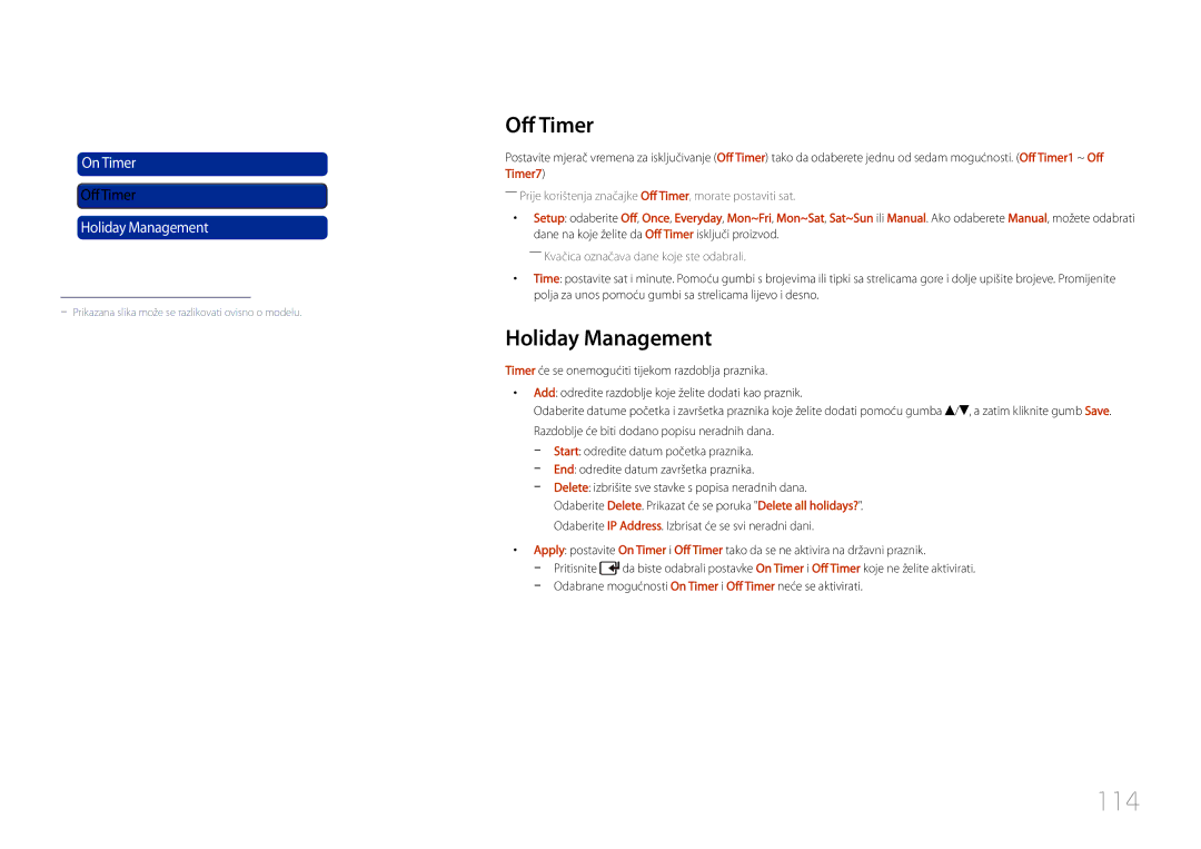 Samsung LH55UDCPLBB/EN manual 114, Off Timer, Holiday Management 