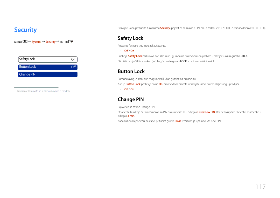 Samsung LH55UDCPLBB/EN manual Security, 117, Safety Lock, Button Lock, Change PIN 