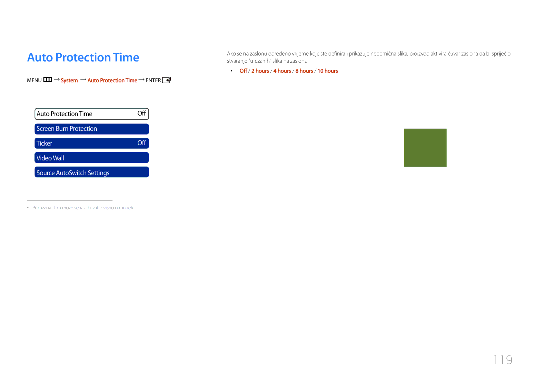 Samsung LH55UDCPLBB/EN 119, Menu m System Auto Protection Time Enter, Off / 2 hours / 4 hours / 8 hours / 10 hours 