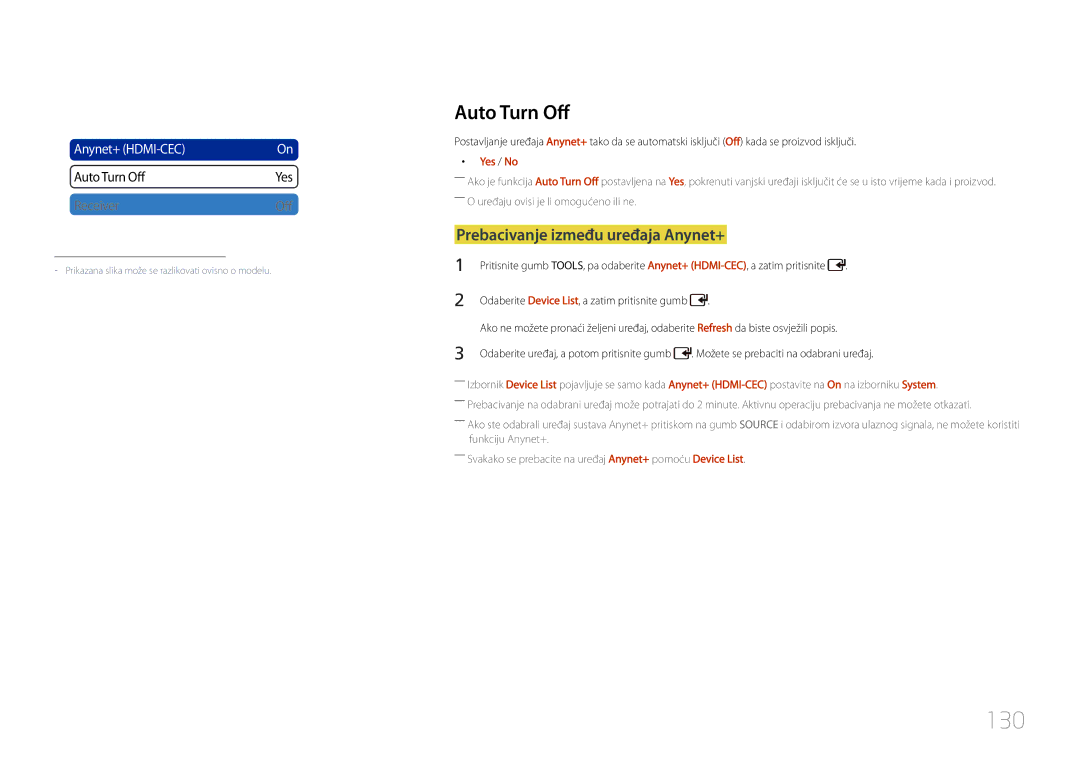 Samsung LH55UDCPLBB/EN manual 130, Auto Turn Off, Prebacivanje između uređaja Anynet+, Yes / No 