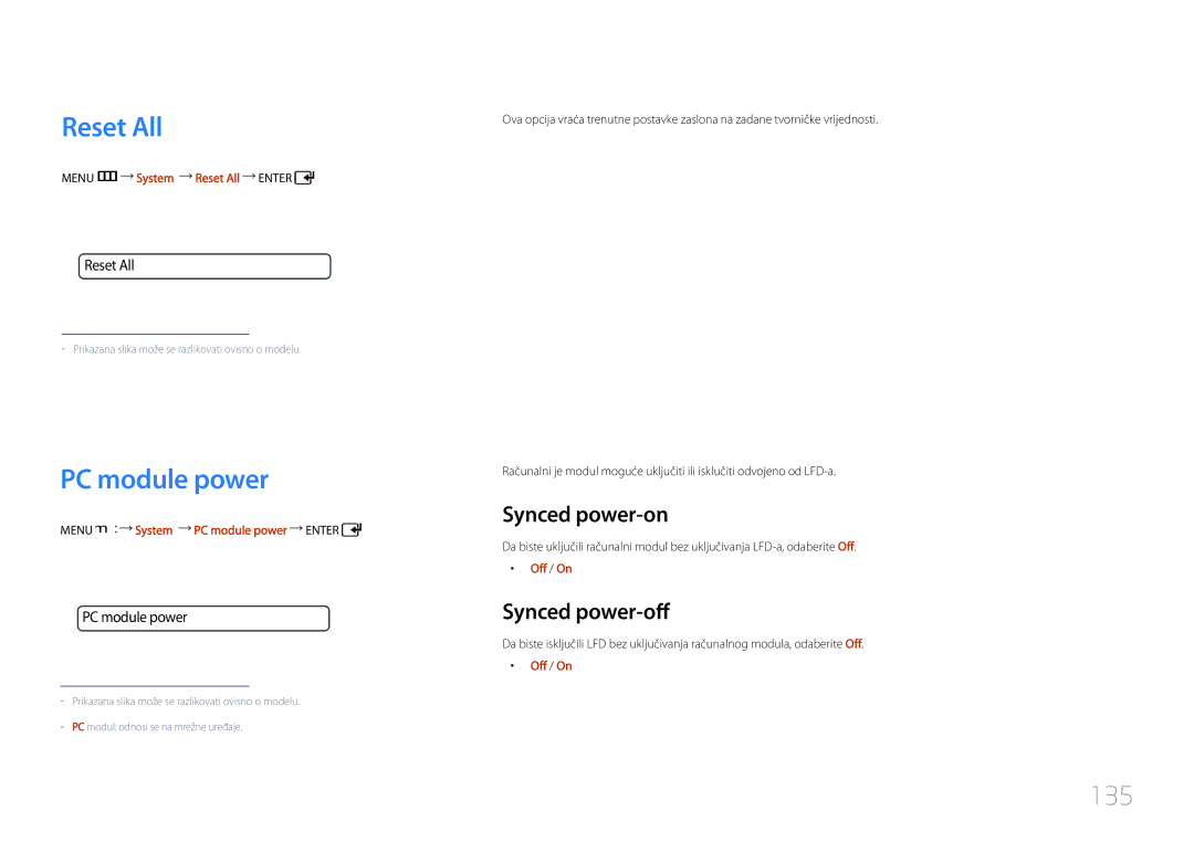 Samsung LH55UDCPLBB/EN manual Reset All, PC module power, 135, Synced power-on, Synced power-off 