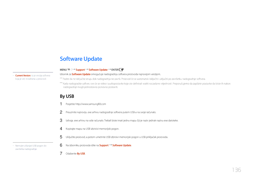 Samsung LH55UDCPLBB/EN manual Podrška, 136, By USB, Menu m Support Software Update Enter 
