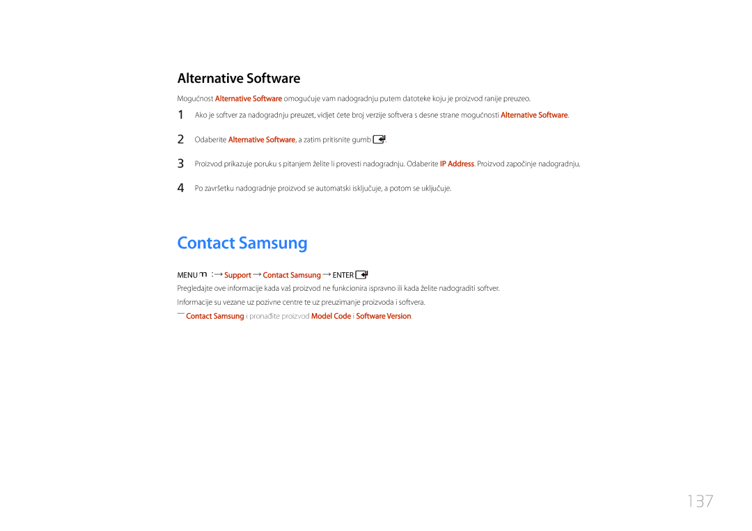 Samsung LH55UDCPLBB/EN manual 137, Alternative Software, Menu m Support Contact Samsung Enter 