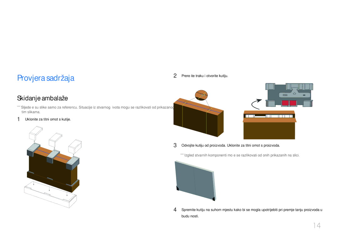 Samsung LH55UDCPLBB/EN manual Pripremne radnje, Provjera sadržaja, Skidanje ambalaže, Uklonite zaštitni omot s kutije 
