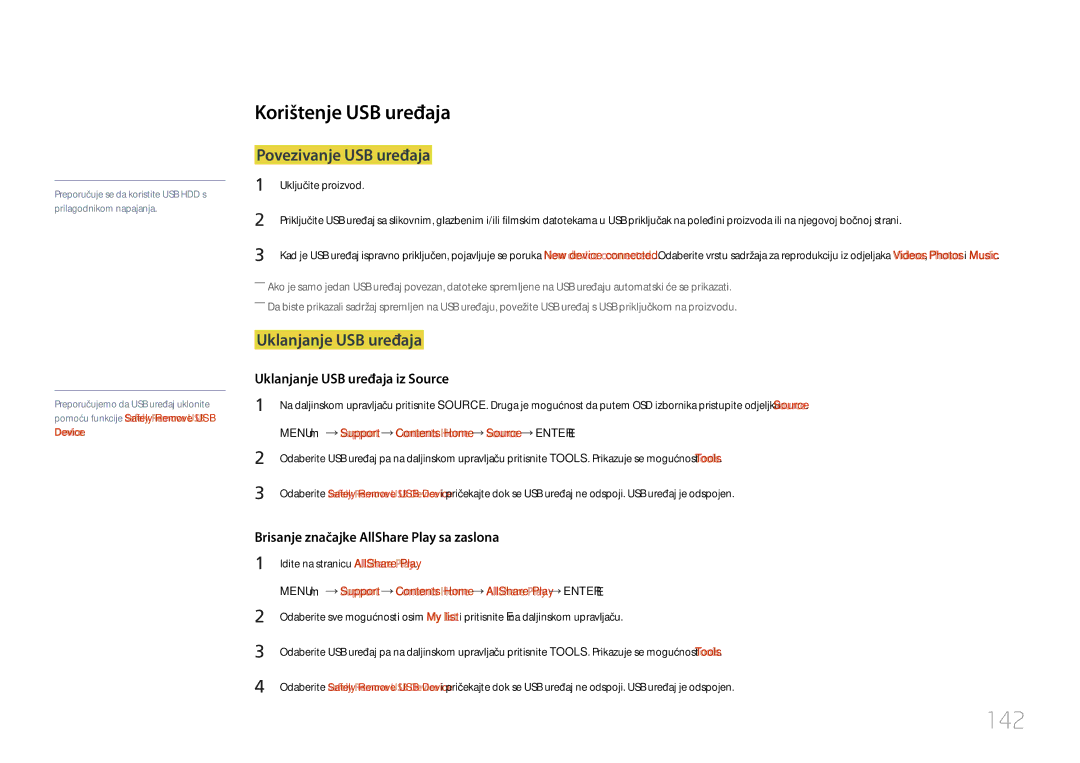 Samsung LH55UDCPLBB/EN manual 142, Korištenje USB uređaja, Povezivanje USB uređaja, Uklanjanje USB uređaja 