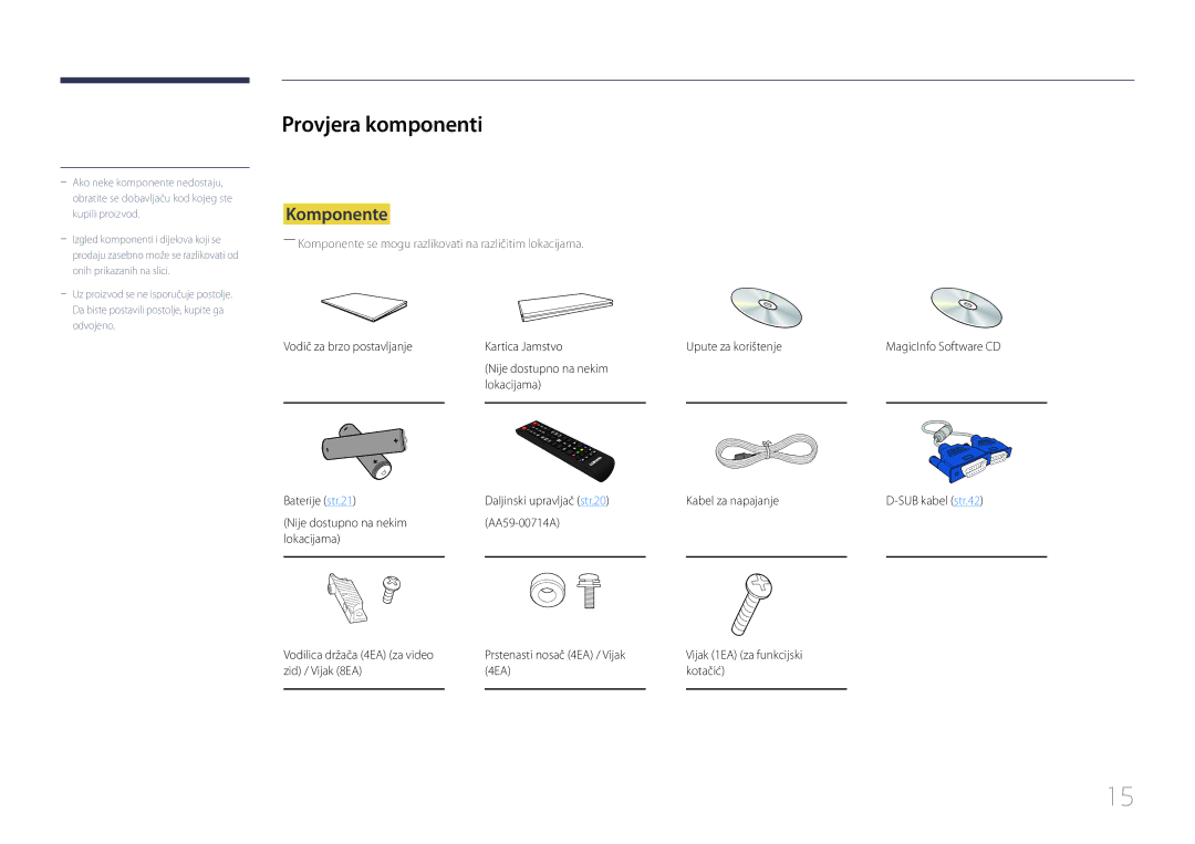 Samsung LH55UDCPLBB/EN manual Provjera komponenti, Komponente, Vijak 1EA za funkcijski, 4EA Kotačić 