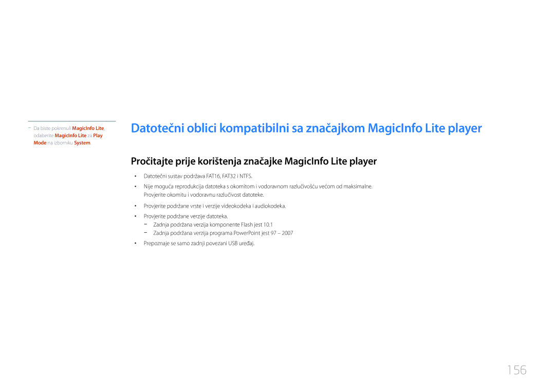 Samsung LH55UDCPLBB/EN manual 156, Pročitajte prije korištenja značajke MagicInfo Lite player 