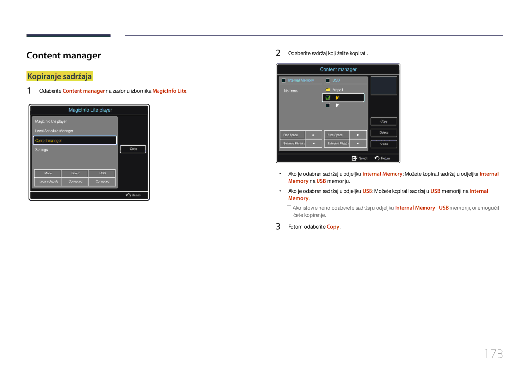 Samsung LH55UDCPLBB/EN manual 173, Content manager, Kopiranje sadržaja, Potom odaberite Copy 