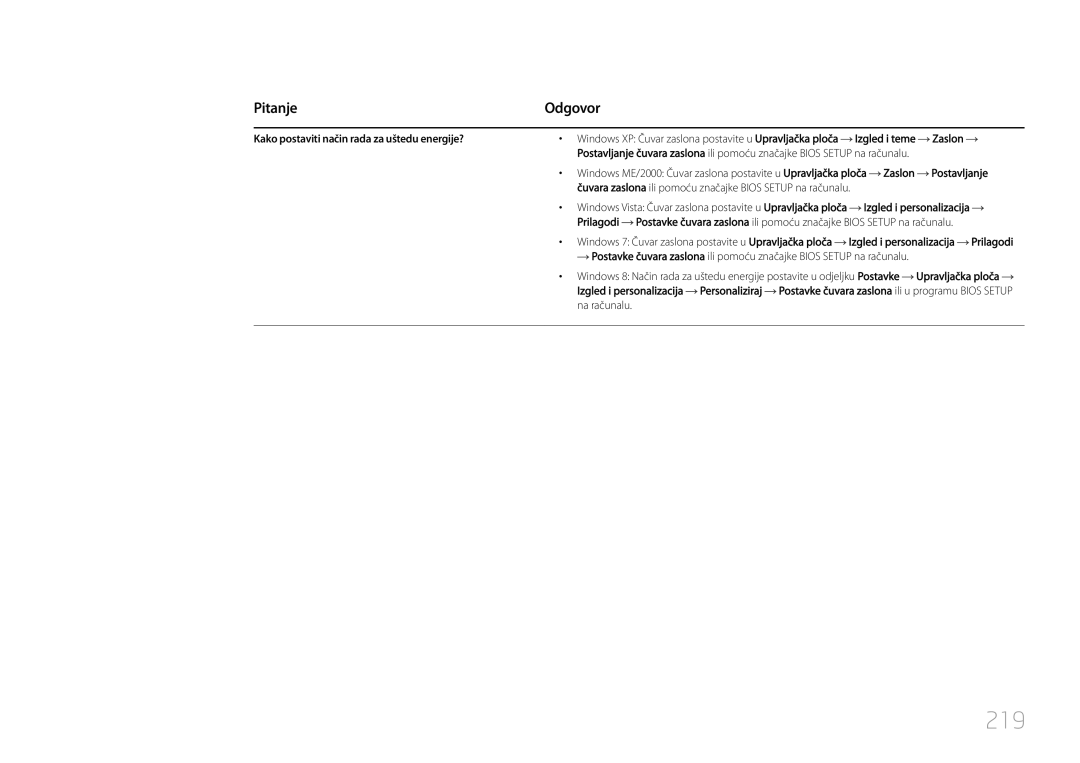 Samsung LH55UDCPLBB/EN manual 219, Pitanje, Kako postaviti način rada za uštedu energije? 