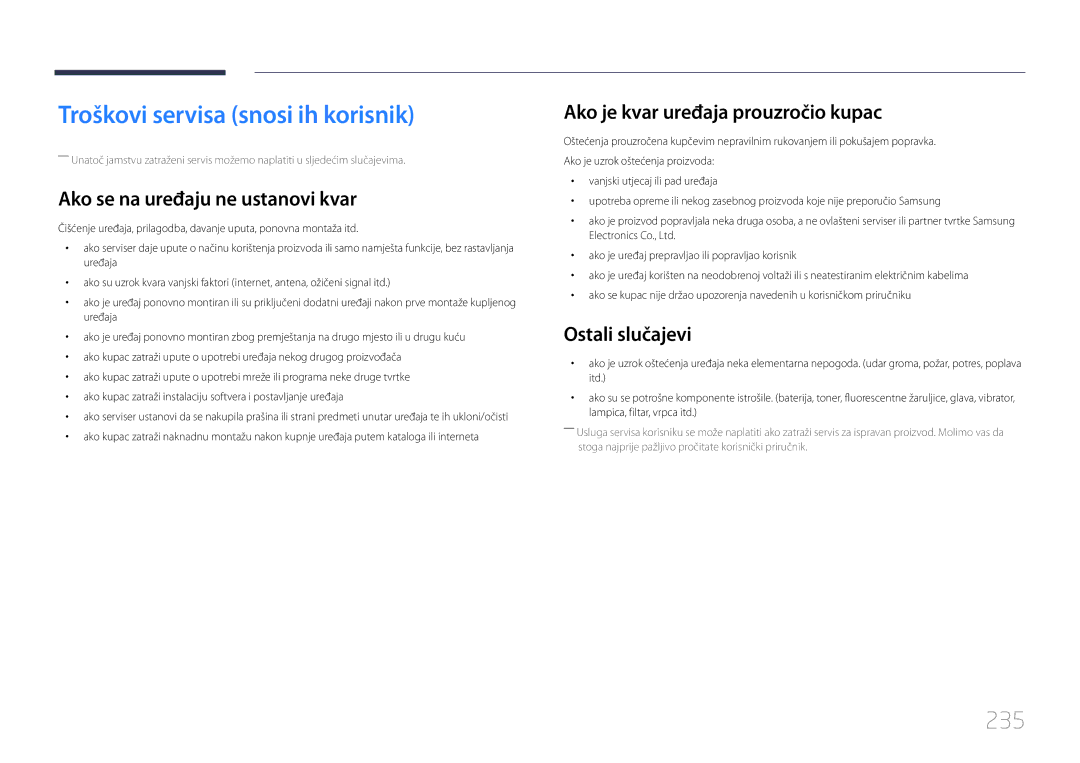 Samsung LH55UDCPLBB/EN manual Troškovi servisa snosi ih korisnik, 235, Ako se na uređaju ne ustanovi kvar, Ostali slučajevi 