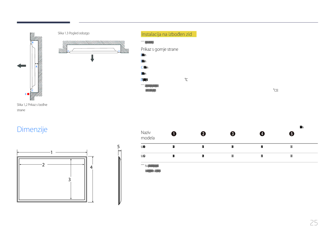 Samsung LH55UDCPLBB/EN manual Dimenzije, Instalacija na izbočen zid, Prikaz s gornje strane, Naziv Modela 