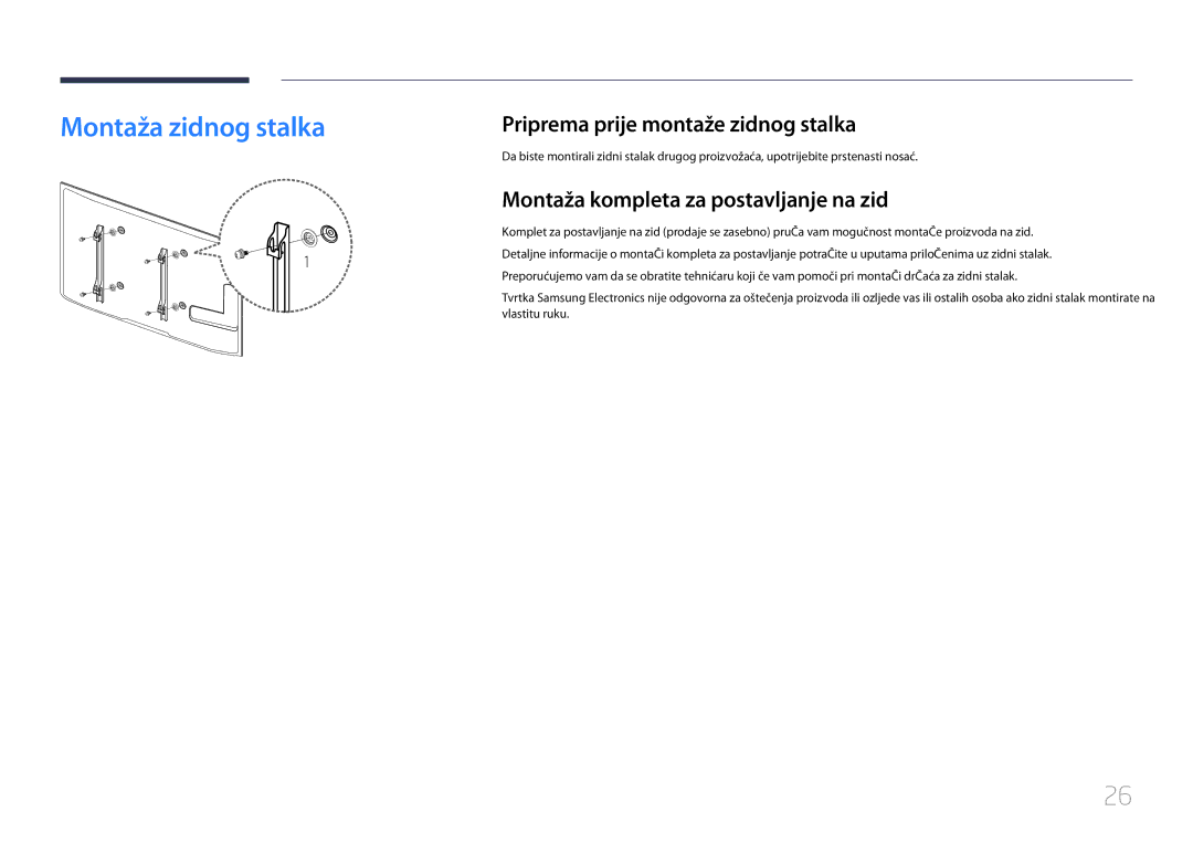 Samsung LH55UDCPLBB/EN manual Montaža zidnog stalka, Priprema prije montaže zidnog stalka 