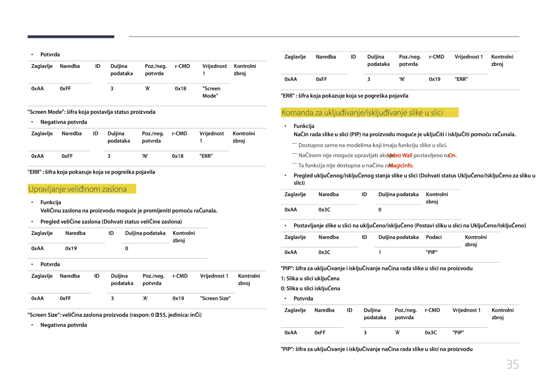 Samsung LH55UDCPLBB/EN manual Komanda za uključivanje/isključivanje slike u slici, Upravljanje veličinom zaslona 