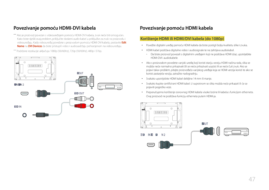 Samsung LH55UDCPLBB/EN manual Povezivanje pomoću HDMI-DVI kabela, Korištenje Hdmi ili HDMI/DVI kabela do 1080p 