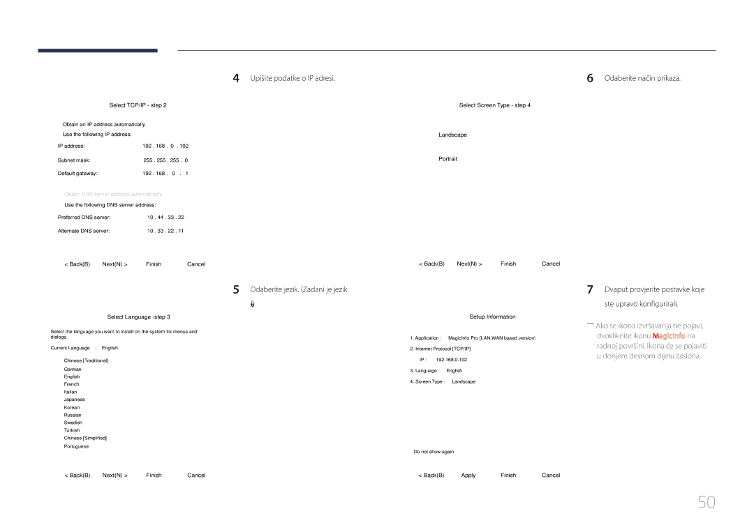 Samsung LH55UDCPLBB/EN manual Dvaput provjerite postavke koje ste upravo konfigurirali, Select TCP/IP step 