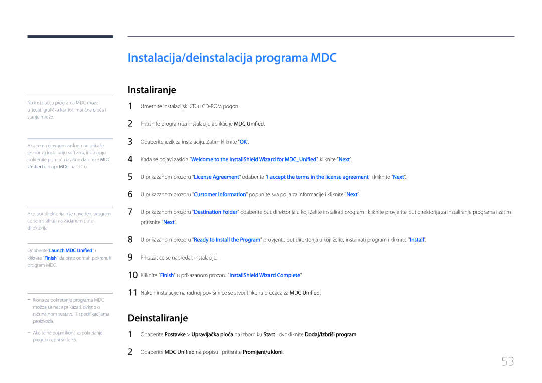 Samsung LH55UDCPLBB/EN manual Instalacija/deinstalacija programa MDC, Deinstaliranje 