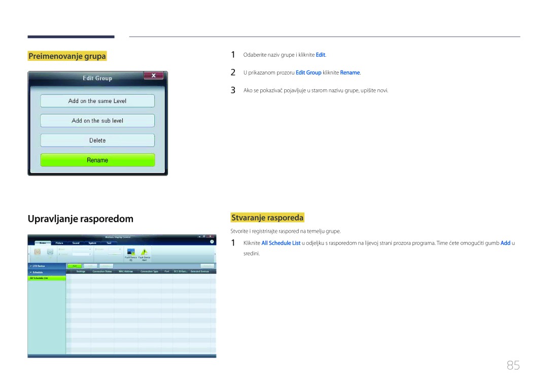 Samsung LH55UDCPLBB/EN manual Upravljanje rasporedom, Preimenovanje grupa, Stvaranje rasporeda 