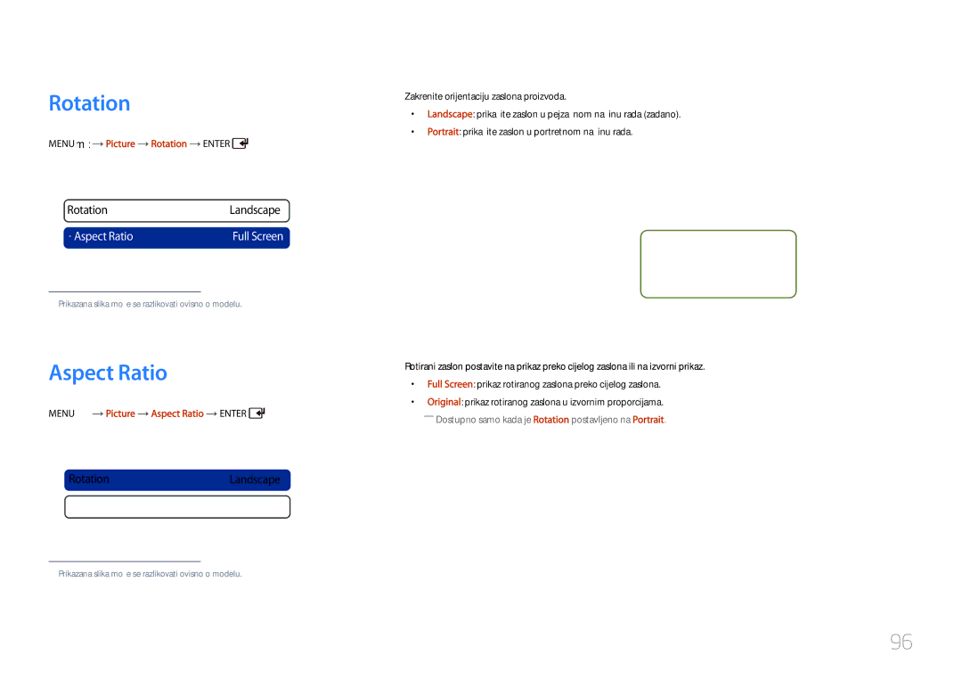 Samsung LH55UDCPLBB/EN manual Menu m Picture Rotation Enter, Menu m Picture Aspect Ratio Enter 