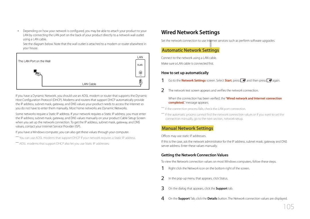 Samsung LH55UDDPLBB/UE, LH55UDDPLBB/EN 105, Wired Network Settings, Automatic Network Settings, Manual Network Settings 