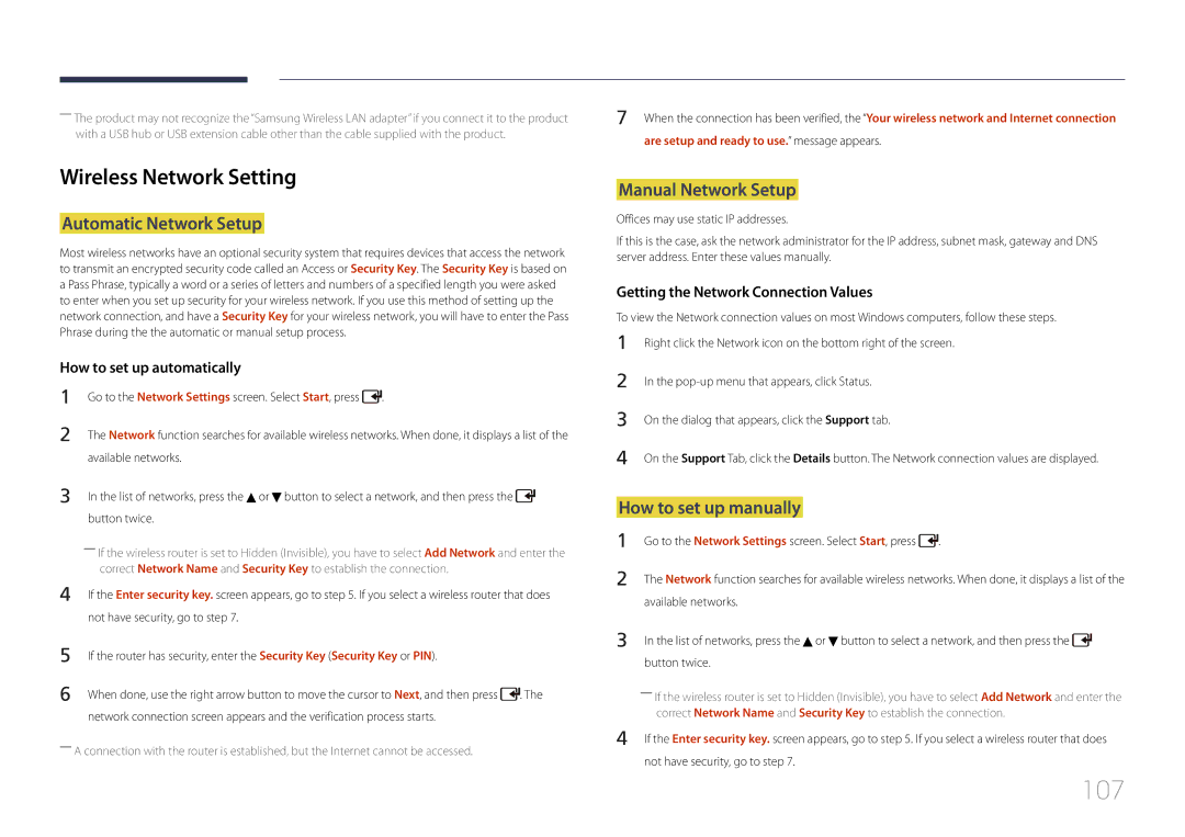 Samsung LH55UDDPLBB/XY, LH55UDDPLBB/EN manual 107, Wireless Network Setting, Automatic Network Setup, Manual Network Setup 