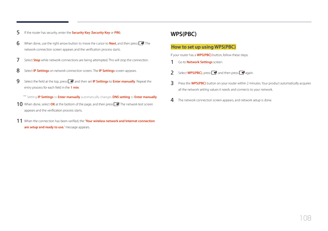 Samsung LH55UDDPLBB/EN manual 108, How to set up using Wpspbc, If your router has a Wpspbc button, follow these steps 