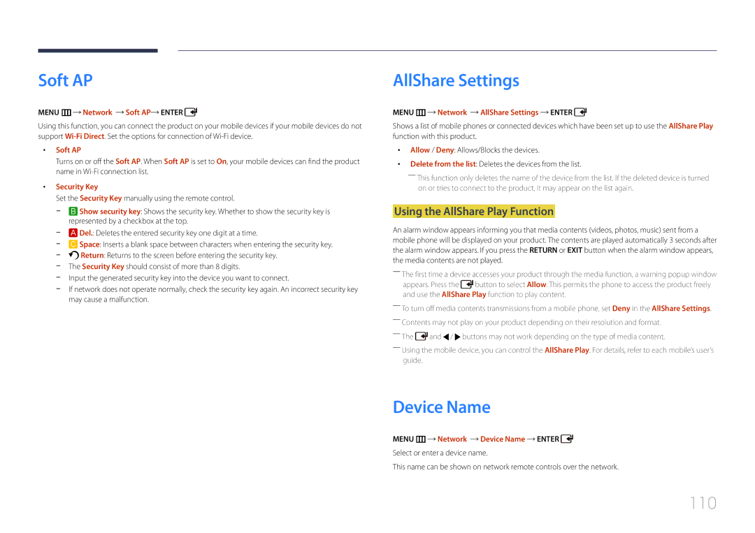 Samsung LH55UDDPLBB/NG, LH55UDDPLBB/EN manual Soft AP, AllShare Settings, Device Name, 110, Using the AllShare Play Function 