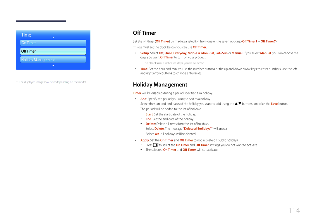 Samsung LH55UDDPLBB/EN, LH55UDDPLBP/EN manual 114, Holiday Management, Selected On Timer and Off Timer will not activate 