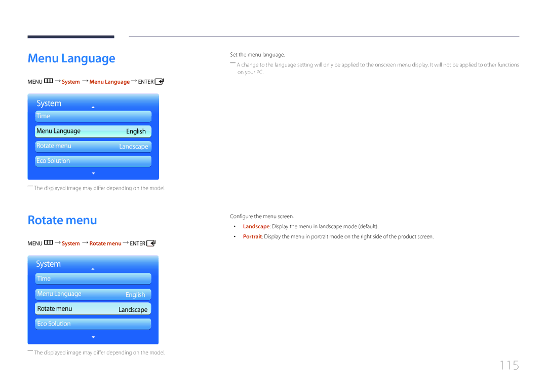 Samsung LH55UDDPLBP/EN, LH55UDDPLBB/EN 115, Menu m System Menu Language Enter, Menu m System Rotate menu Enter 