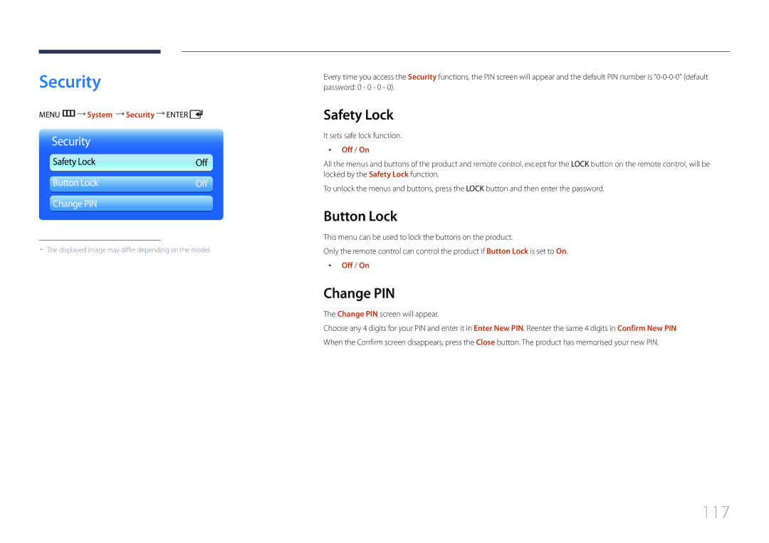 Samsung LH55UDDPLBB/UE, LH55UDDPLBB/EN, LH55UDDPLBP/EN, LH55UDDPLBB/NG Security, 117, Safety Lock, Button Lock, Change PIN 