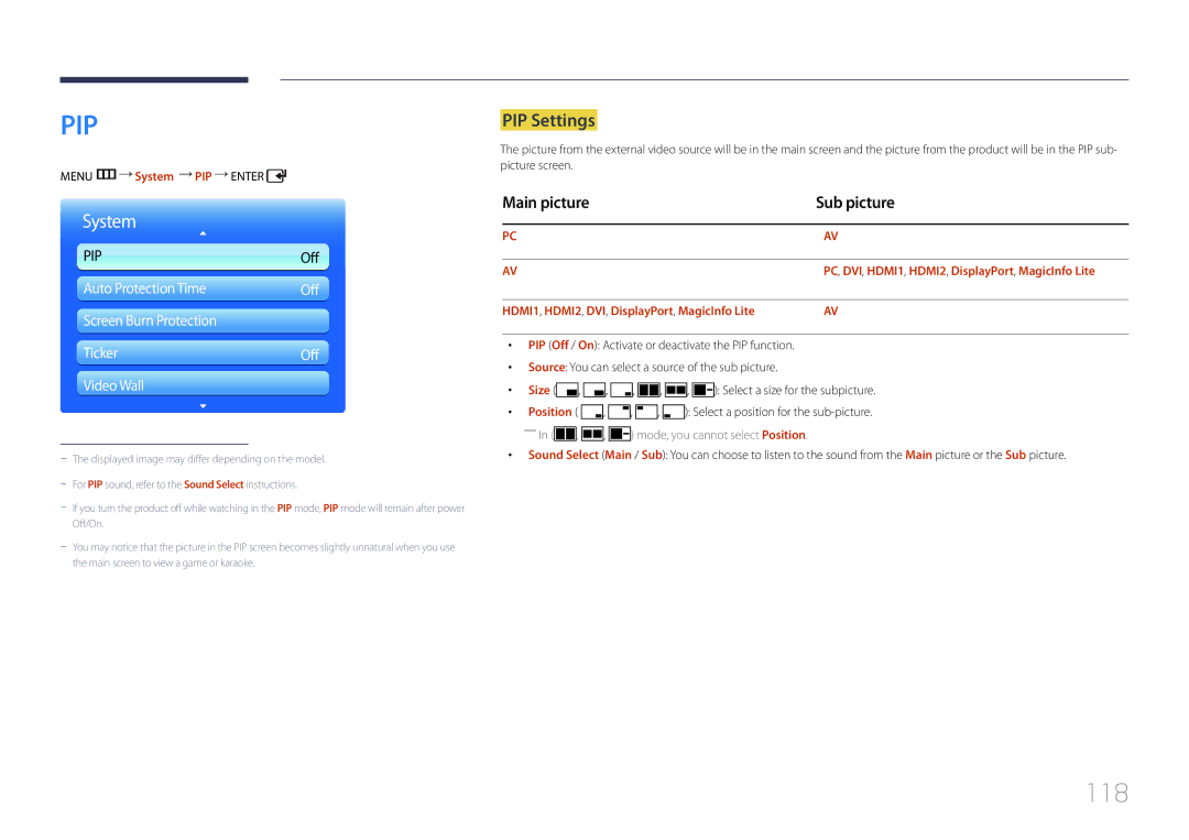 Samsung LH55UDDPLBB/XT, LH55UDDPLBB/EN, LH55UDDPLBP/EN, LH55UDDPLBB/NG manual 118, PIP Settings, Main picture Sub picture 