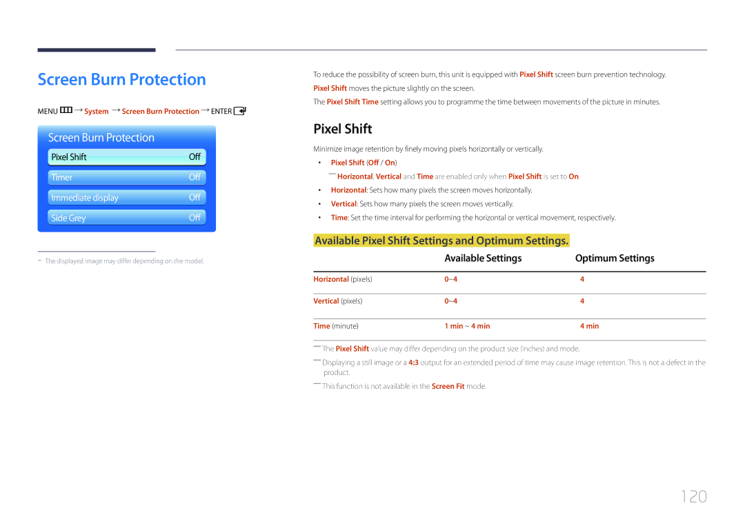 Samsung LH55UDDPLBB/EN manual Screen Burn Protection, 120, Available Pixel Shift Settings and Optimum Settings 