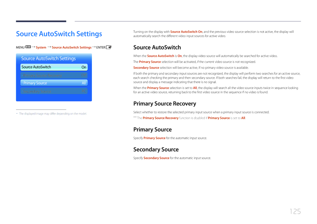 Samsung LH55UDDPLBB/XY, LH55UDDPLBB/EN, LH55UDDPLBP/EN, LH55UDDPLBB/NG, LH55UDDPLBB/UE manual Source AutoSwitch Settings, 125 