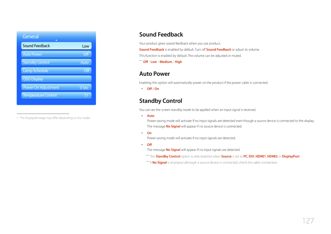 Samsung LH55UDDPLBP/EN, LH55UDDPLBB/EN, LH55UDDPLBB/NG, LH55UDDPLBB/UE manual 127, Sound Feedback, Auto Power, Standby Control 