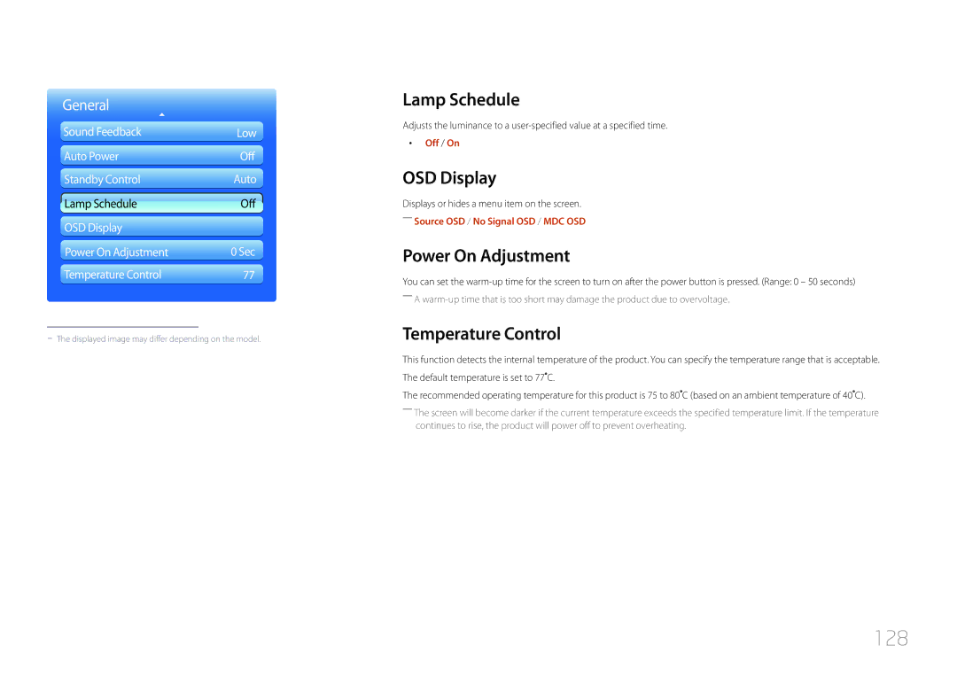 Samsung LH55UDDPLBB/NG, LH55UDDPLBB/EN manual 128, Lamp Schedule, OSD Display, Power On Adjustment, Temperature Control 