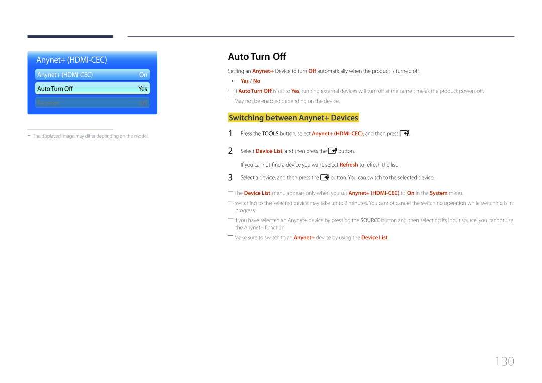 Samsung LH55UDDPLBB/XT, LH55UDDPLBB/EN, LH55UDDPLBP/EN manual 130, Auto Turn Off, Switching between Anynet+ Devices, Yes / No 